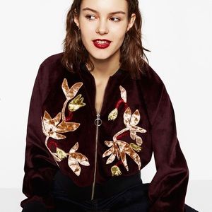 ZARA burgundy velvet patchwork bomber jacket